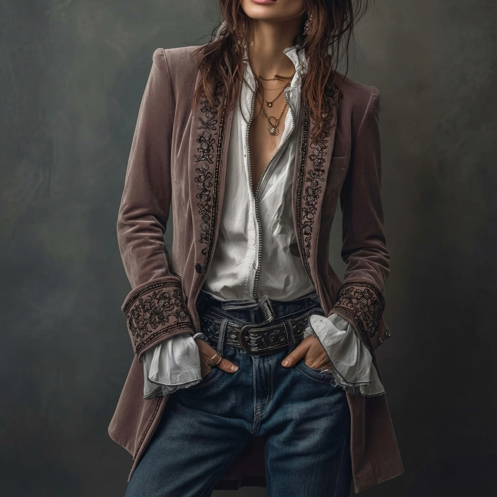 Federica™ - Długa, zabytkowa aksamitna kurtka z haftem