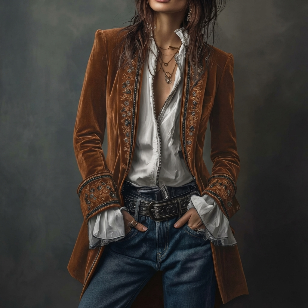 Federica™ - Długa, zabytkowa aksamitna kurtka z haftem