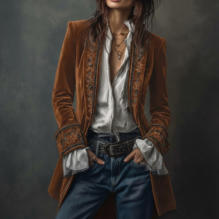 Federica™ - Długa, zabytkowa aksamitna kurtka z haftem