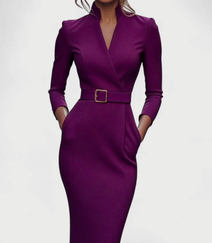 Mandarin™ – Elegancka czarna sukienka z paskiem i kołnierzykiem