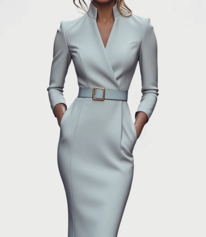 Mandarin™ – Elegancka czarna sukienka z paskiem i kołnierzykiem