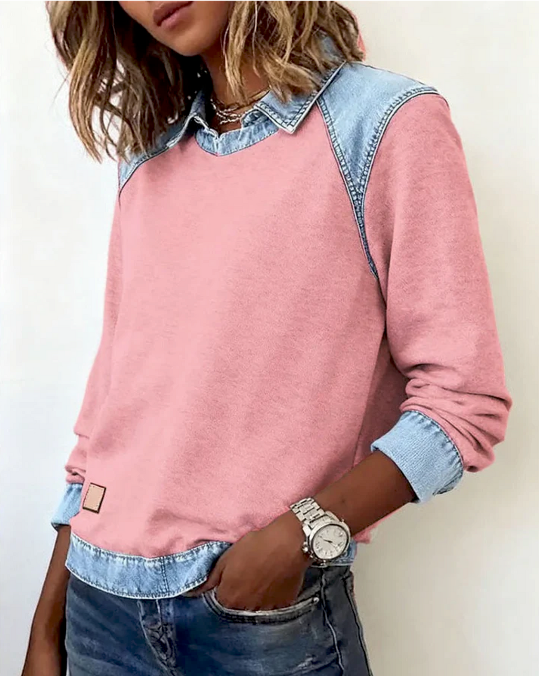 Kya™ - sweter polo z detalami z denimu