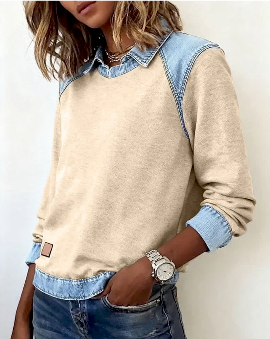 Kya™ - sweter polo z detalami z denimu