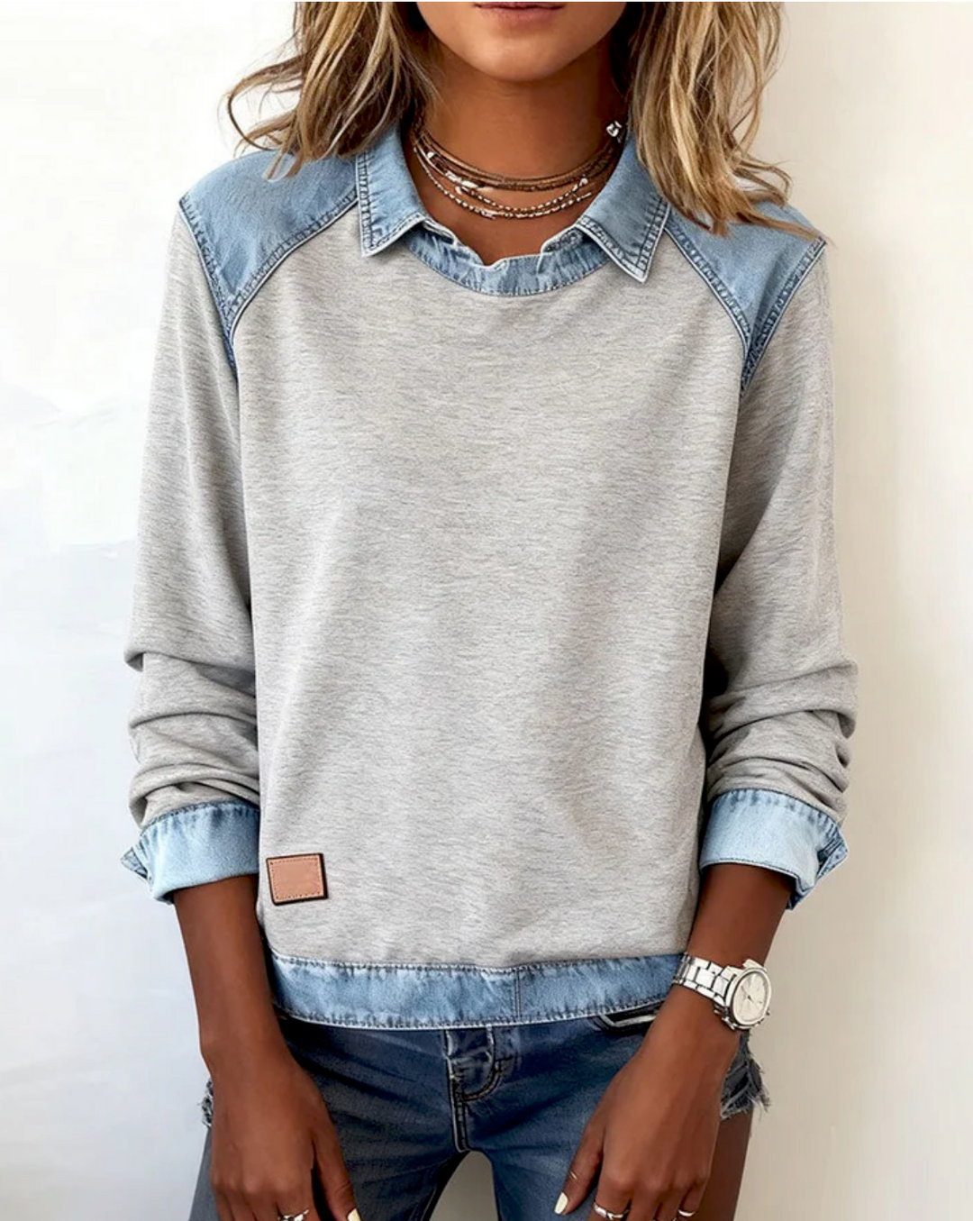 Kya™ - sweter polo z detalami z denimu