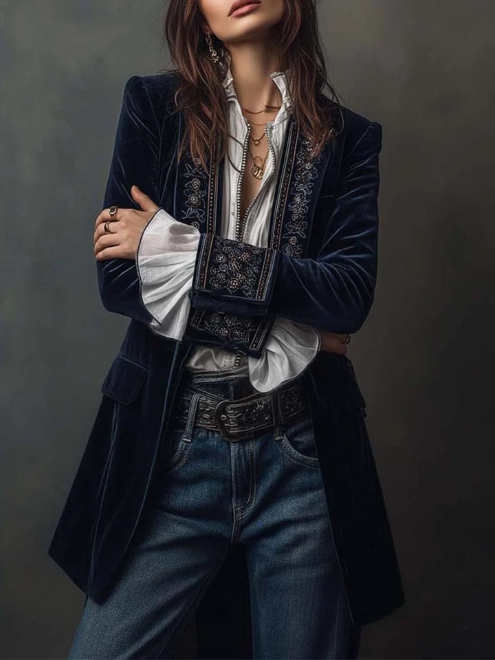 Federica™ - Długa, zabytkowa aksamitna kurtka z haftem