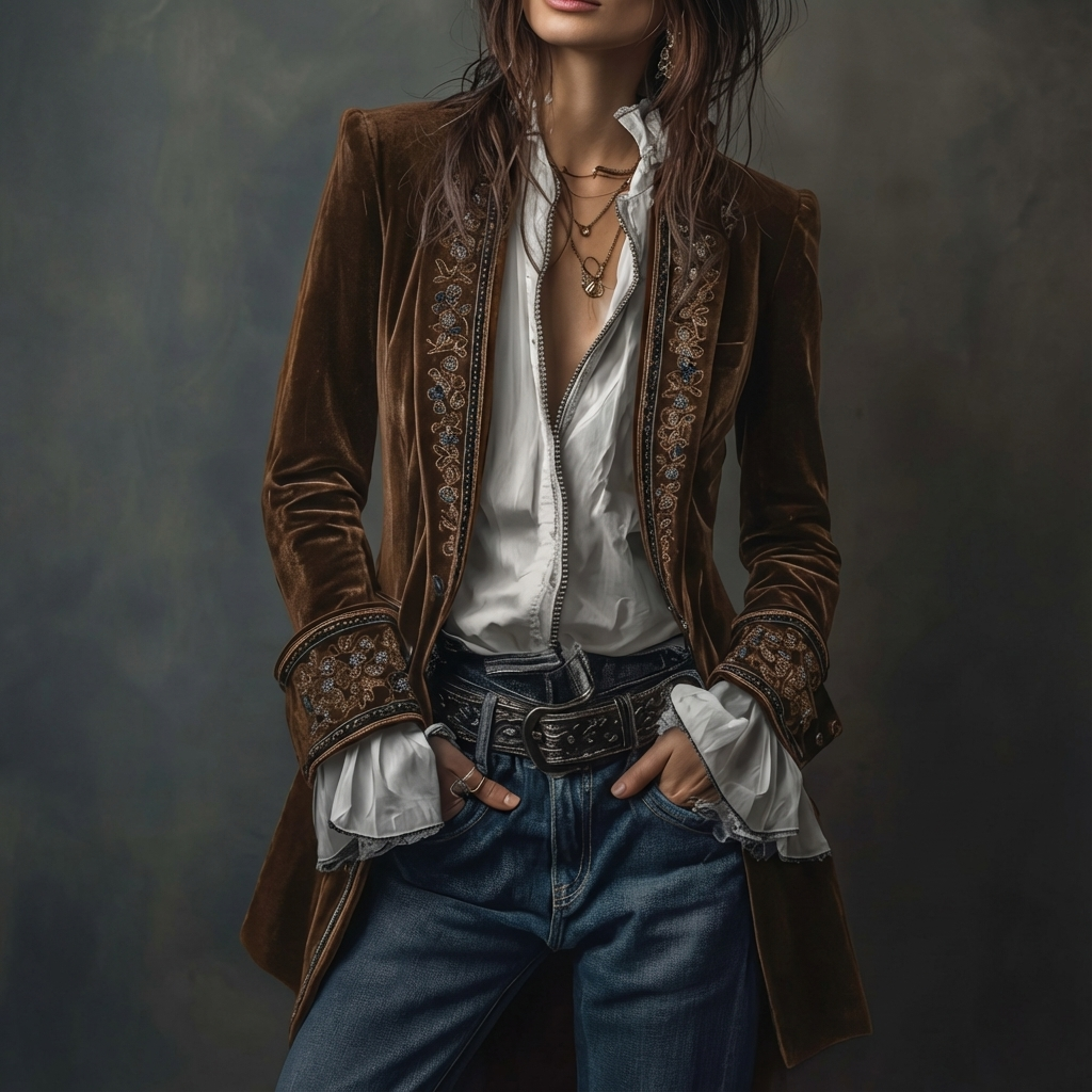 Federica™ - Długa, zabytkowa aksamitna kurtka z haftem