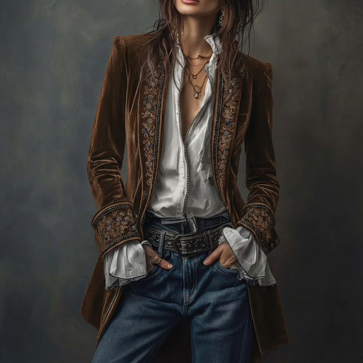 Federica™ - Długa, zabytkowa aksamitna kurtka z haftem