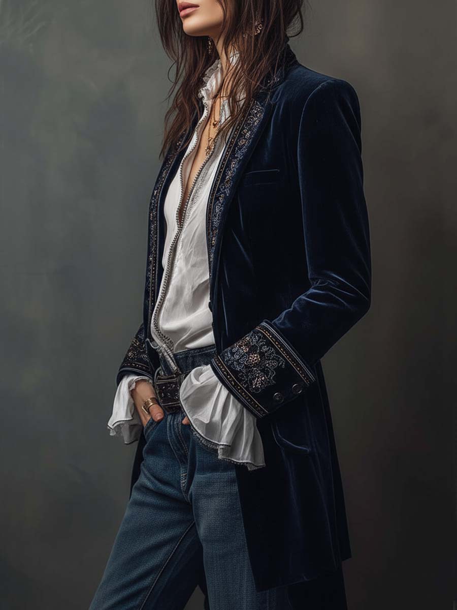Federica™ - Długa, zabytkowa aksamitna kurtka z haftem