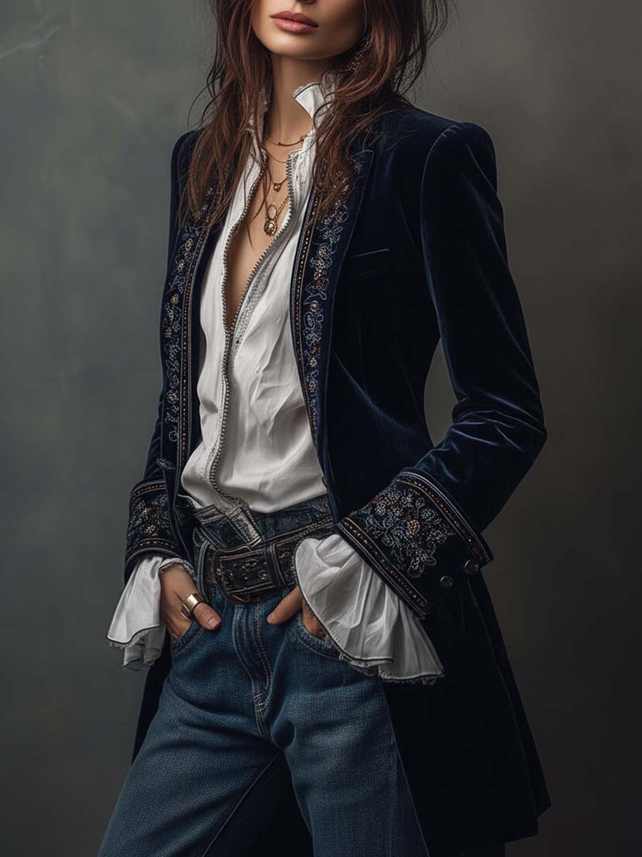 Federica™ - Długa, zabytkowa aksamitna kurtka z haftem