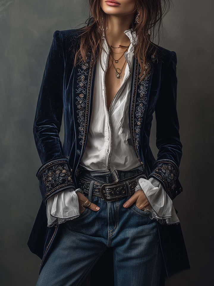 Federica™ - Długa, zabytkowa aksamitna kurtka z haftem