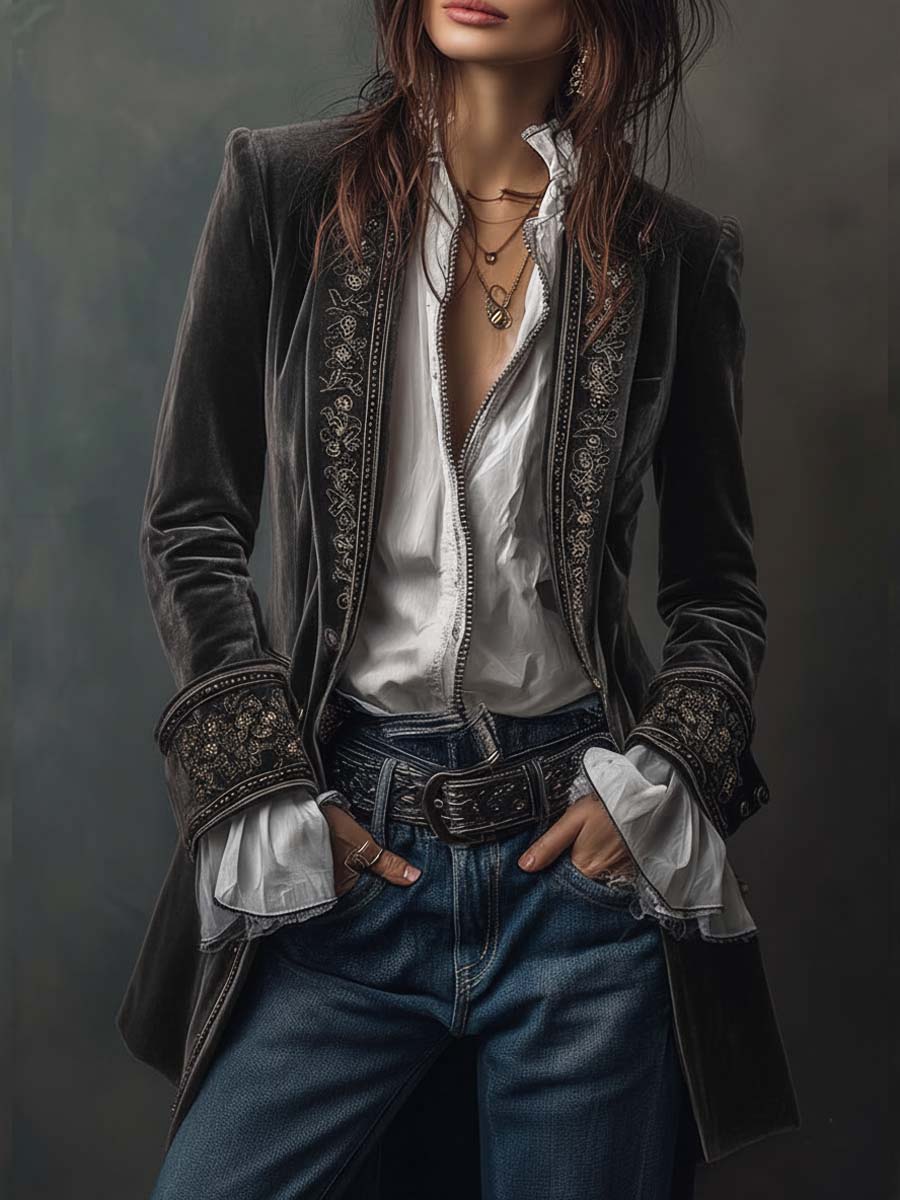 Federica™ - Długa, zabytkowa aksamitna kurtka z haftem