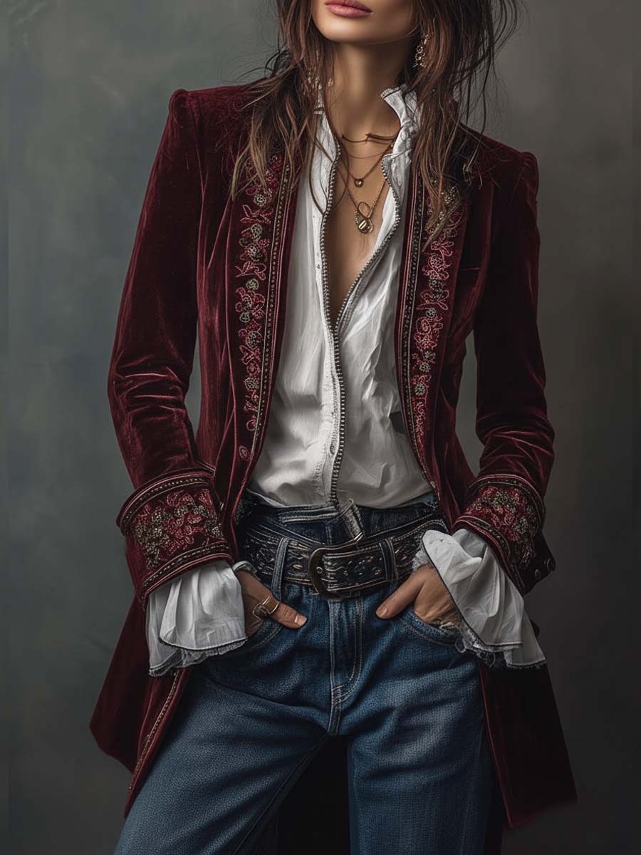 Federica™ - Długa, zabytkowa aksamitna kurtka z haftem