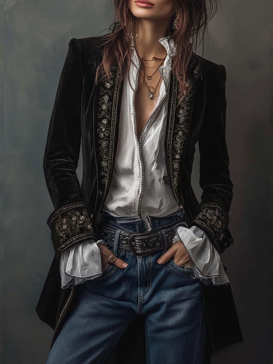 Federica™ - Długa, zabytkowa aksamitna kurtka z haftem