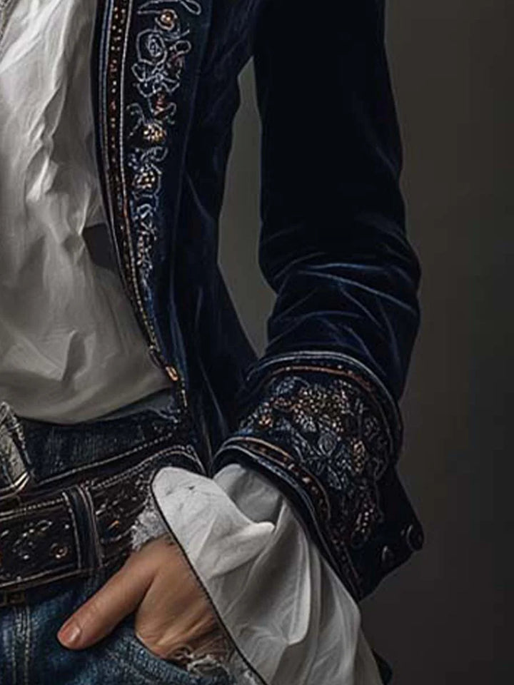 Federica™ - Długa, zabytkowa aksamitna kurtka z haftem