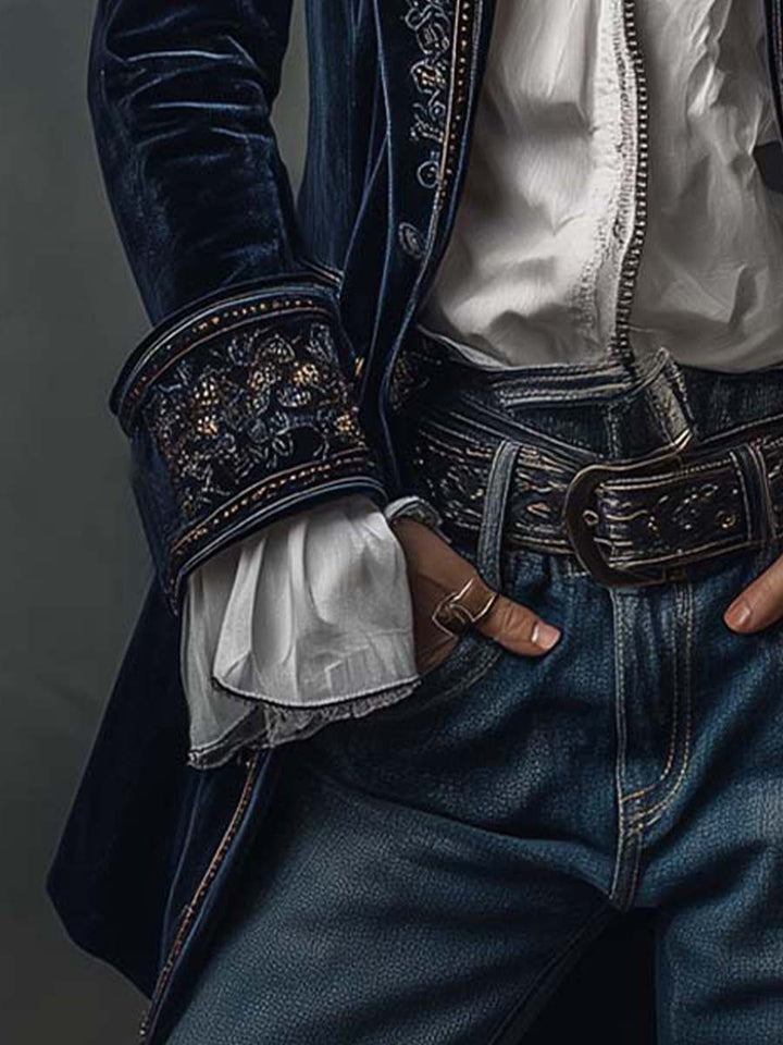 Federica™ - Długa, zabytkowa aksamitna kurtka z haftem